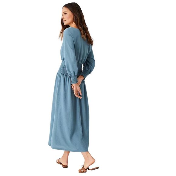 Ann Taylor Smocked Waist Flare Midi Dress Long Sleeve Linen Dress - Picture 2 of 5